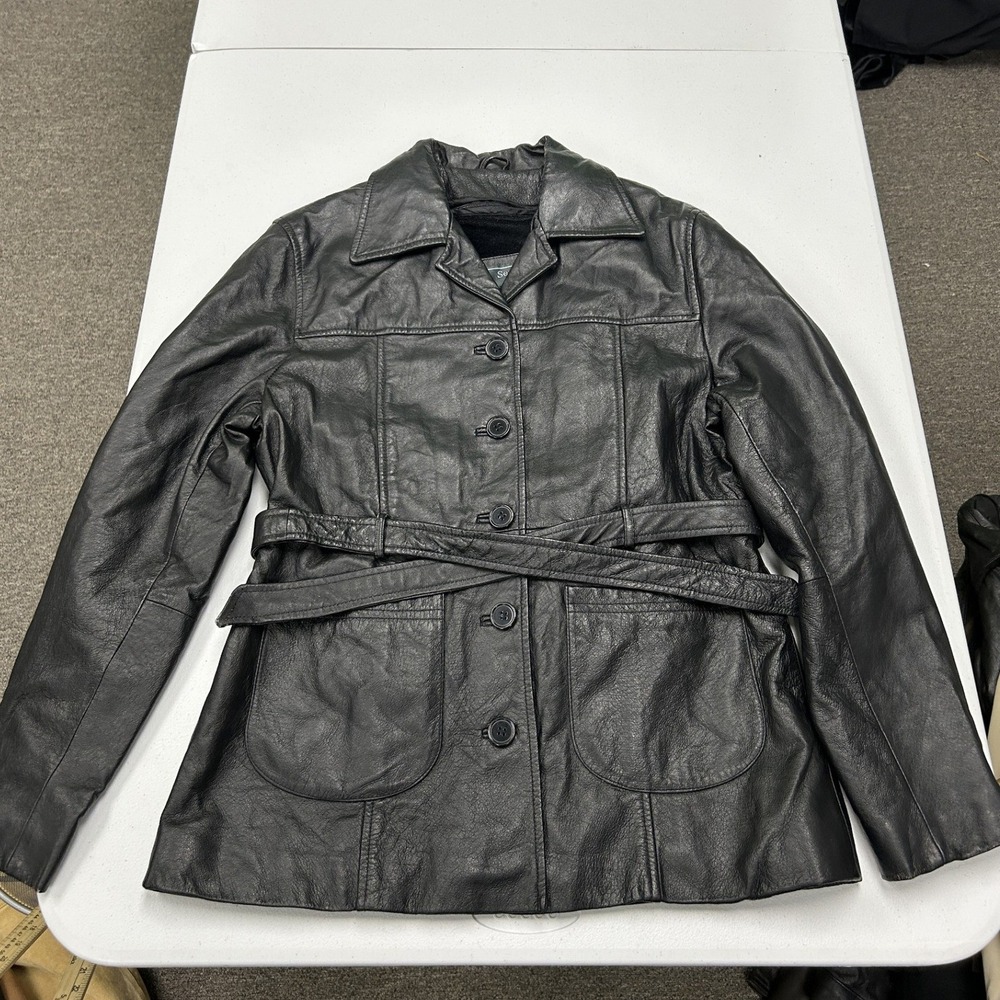 Sergio Vaducci Leather Belted Jacket Womens M Black Button Front Patch Pockets